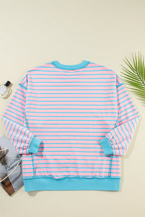 Pink Stripe Contrast Trim High Low Tunic Sweatshirt-True and Wild