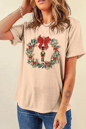 Graphic Tees - Khaki Nutcracker Bow Christmas Wreath Crewneck Printed T Shirt