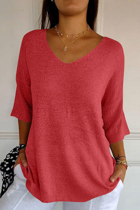 V-Neck Three-Quarter Sleeve Knit Top