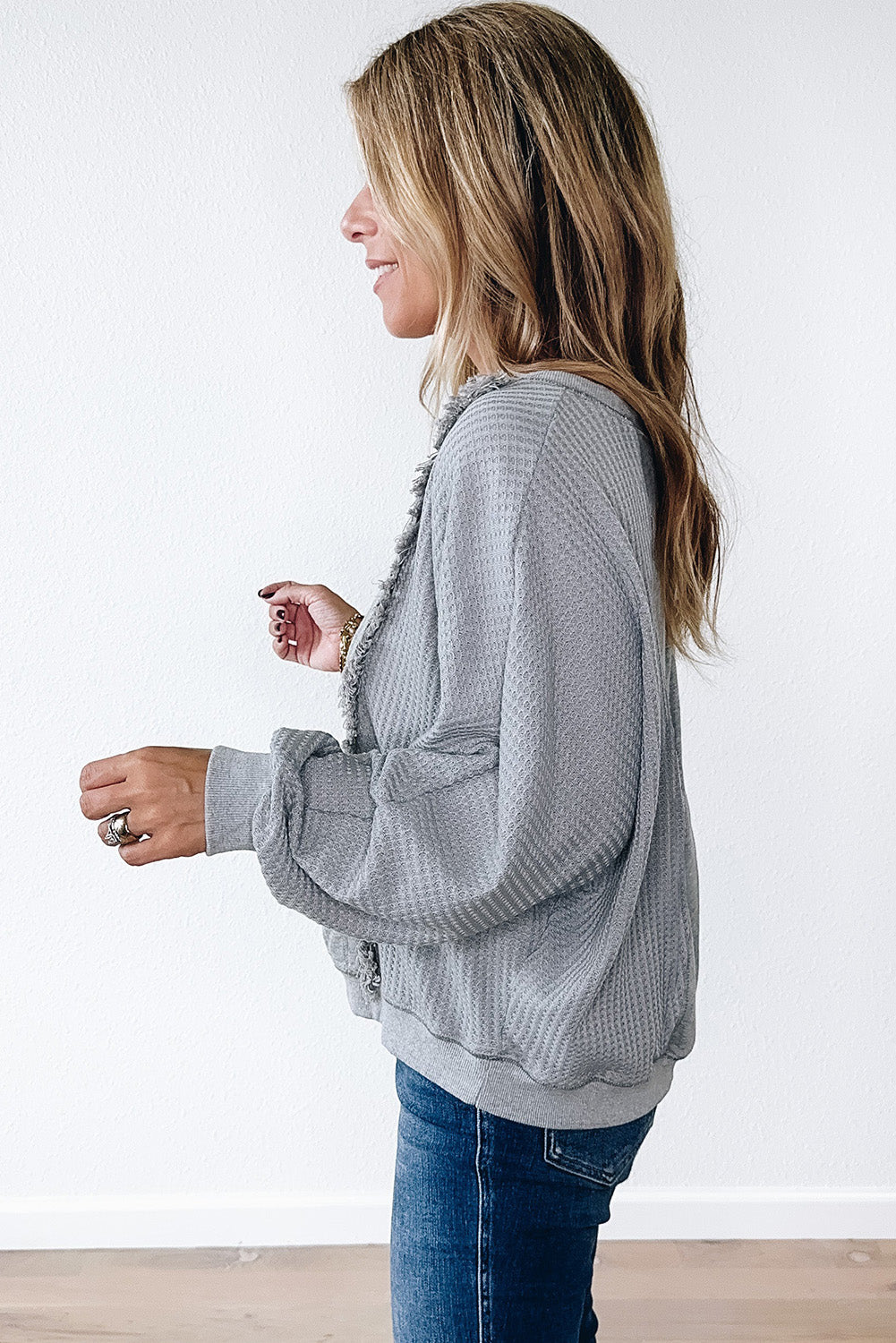 Light Grey Waffle Patchwork Long Sleeve Pullover Top