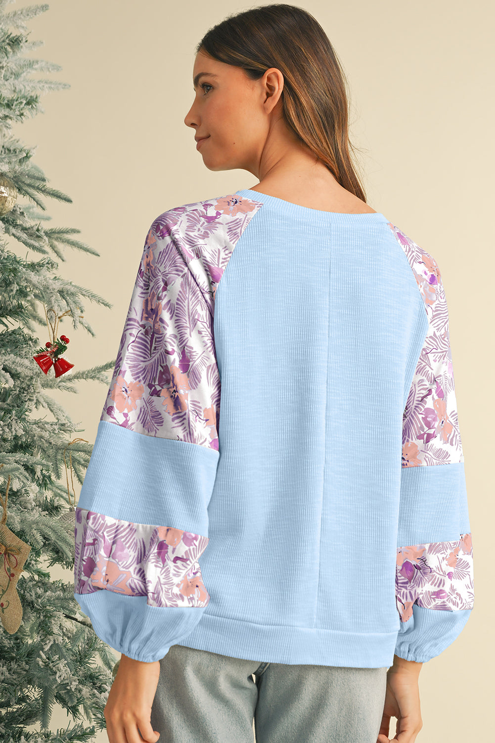 Beau Blue Crinkle Rib Floral Patchwork Balloon Sleeve Top-True and Wild