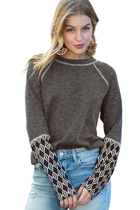 Gray Ribbed Casual Geometric Patchwork Long Sleeve Top-True and Wild