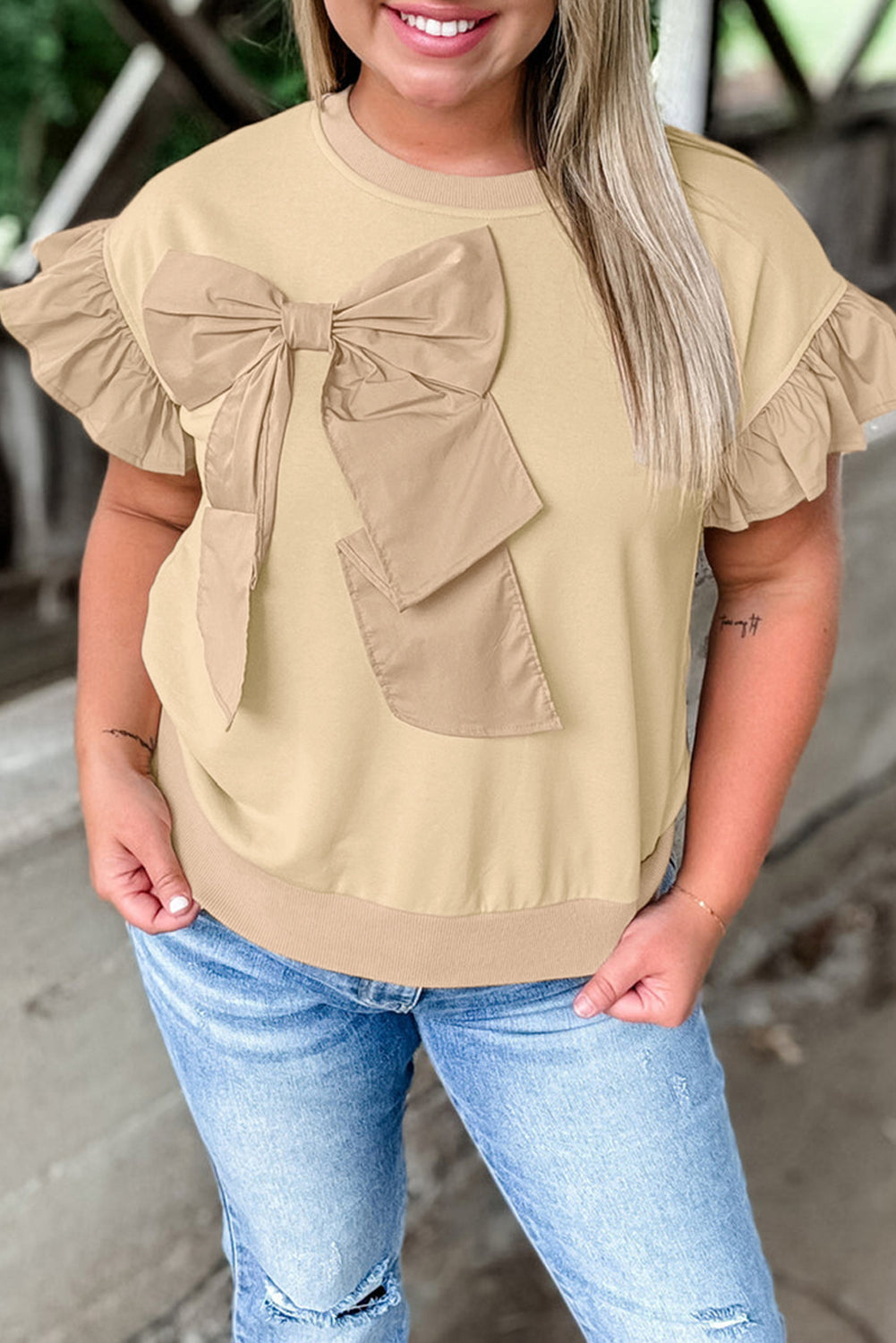 Parchment Ruffle Short Sleeve Bowknot Applique Plus Size Top-True and Wild