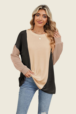 Double Take Texture Contrast Round Neck Long Sleeve T-Shirt-True and Wild