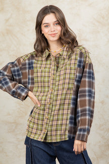 Plaid Collared Neck Button Up Long Sleeve Shirt-True and Wild