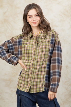 Plaid Collared Neck Button Up Long Sleeve Shirt-True and Wild