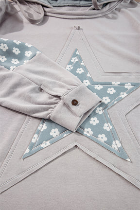 Apricot Floral Patchwork Star Pattern Drawstring Hoodie