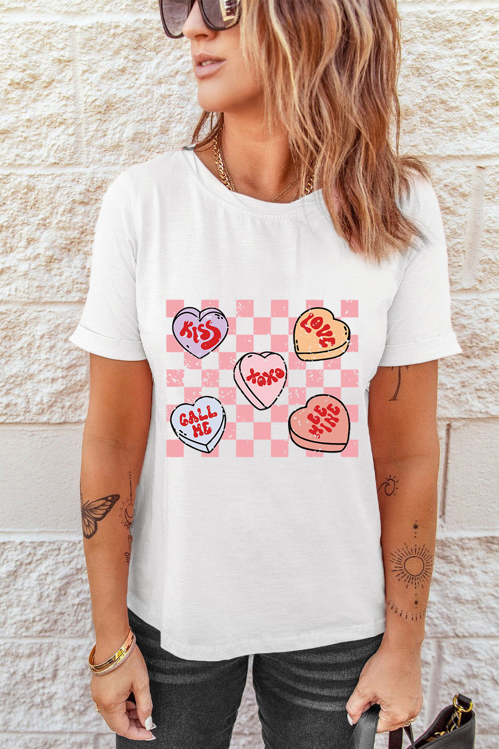 White Checkered Valentines Heart Printed Crewneck T Shirt