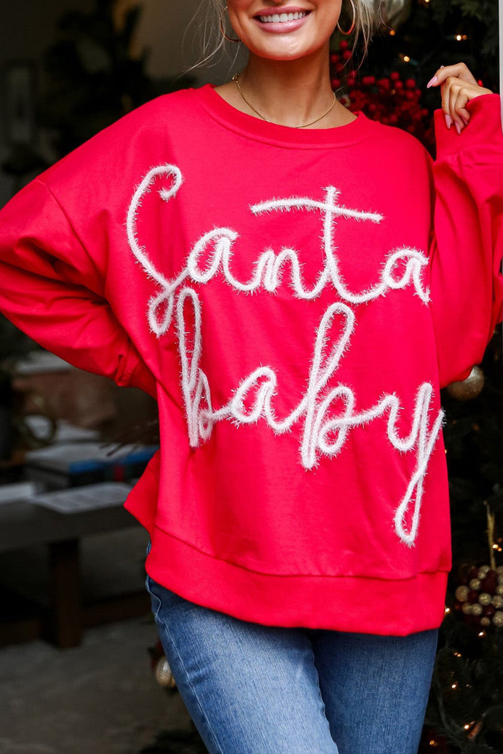 Fiery Red Christmas Tinsel Santa Baby Graphic Sweatshirt-True and Wild