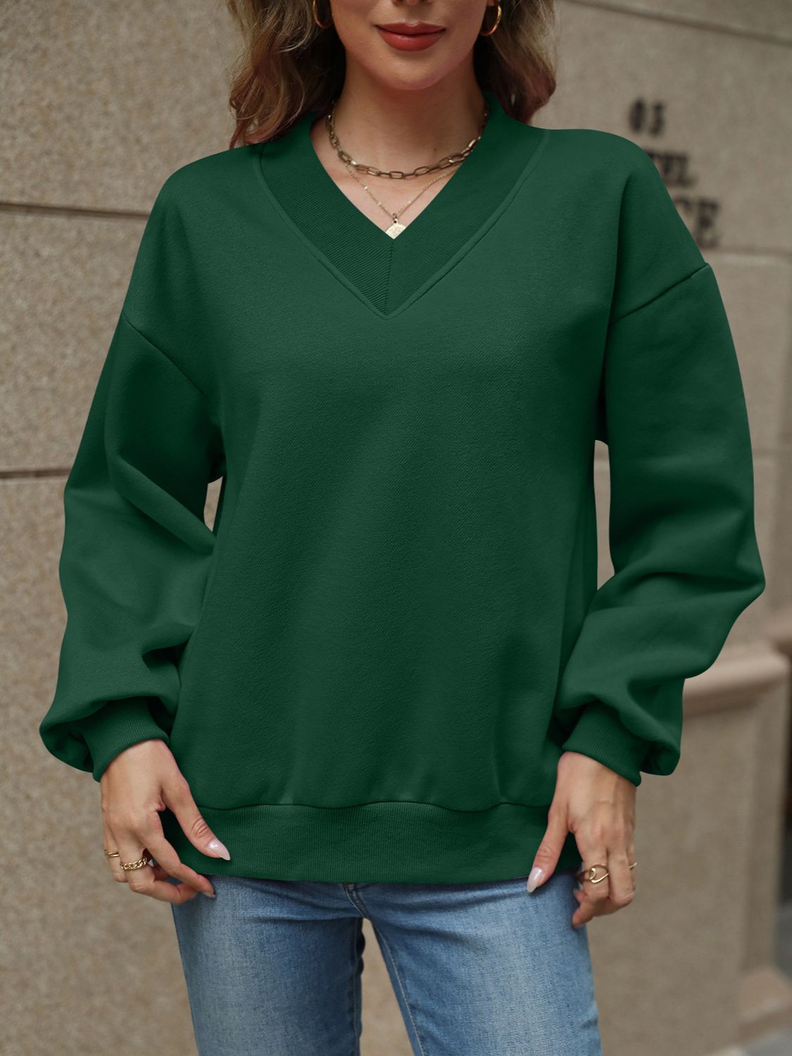 V-Neck Long Sleeve Dropped Shoulder Sweatshirt