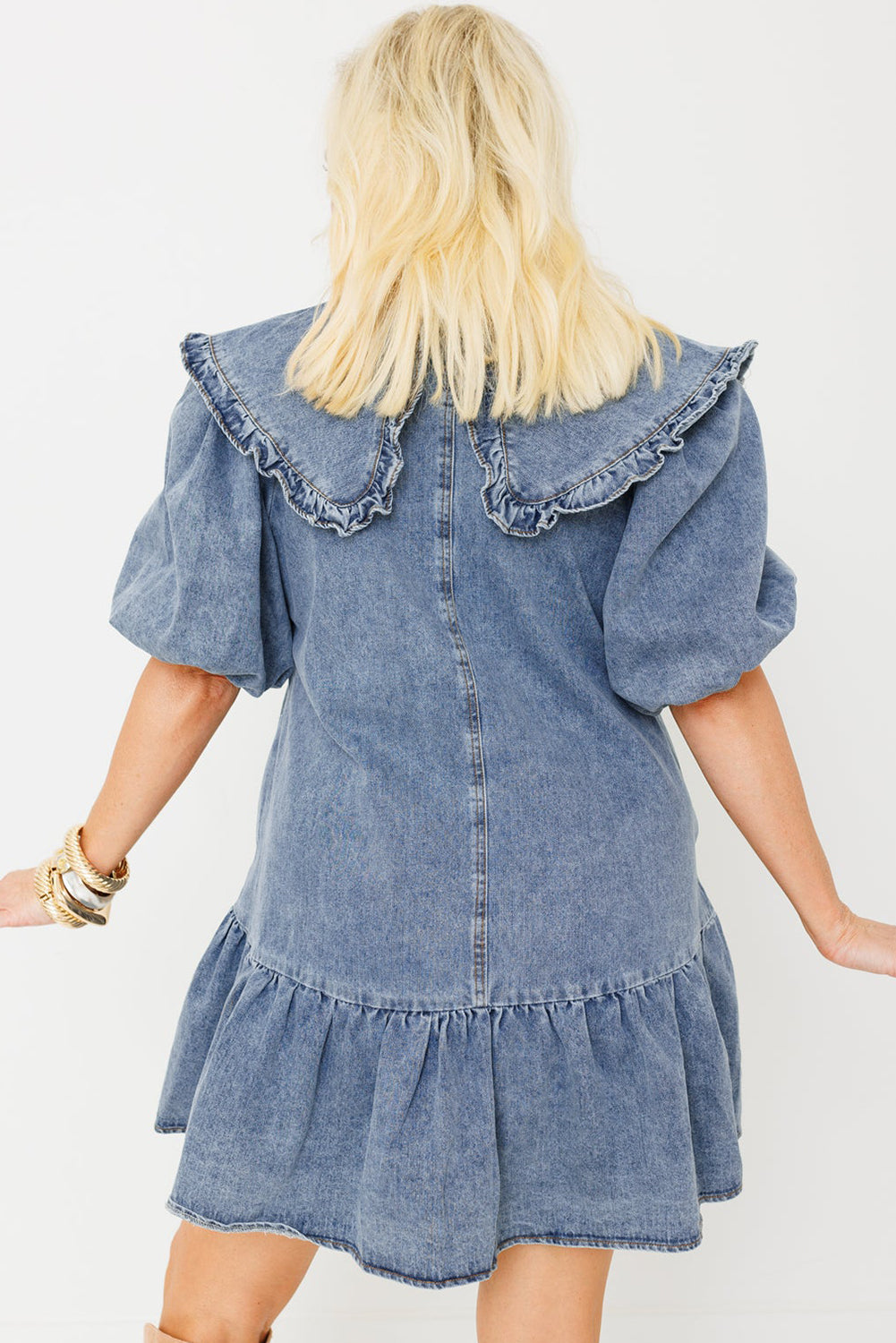 Dusk Blue Ruffle Collar Side Pockets Puff Sleeve Denim Mini Dress-True and Wild