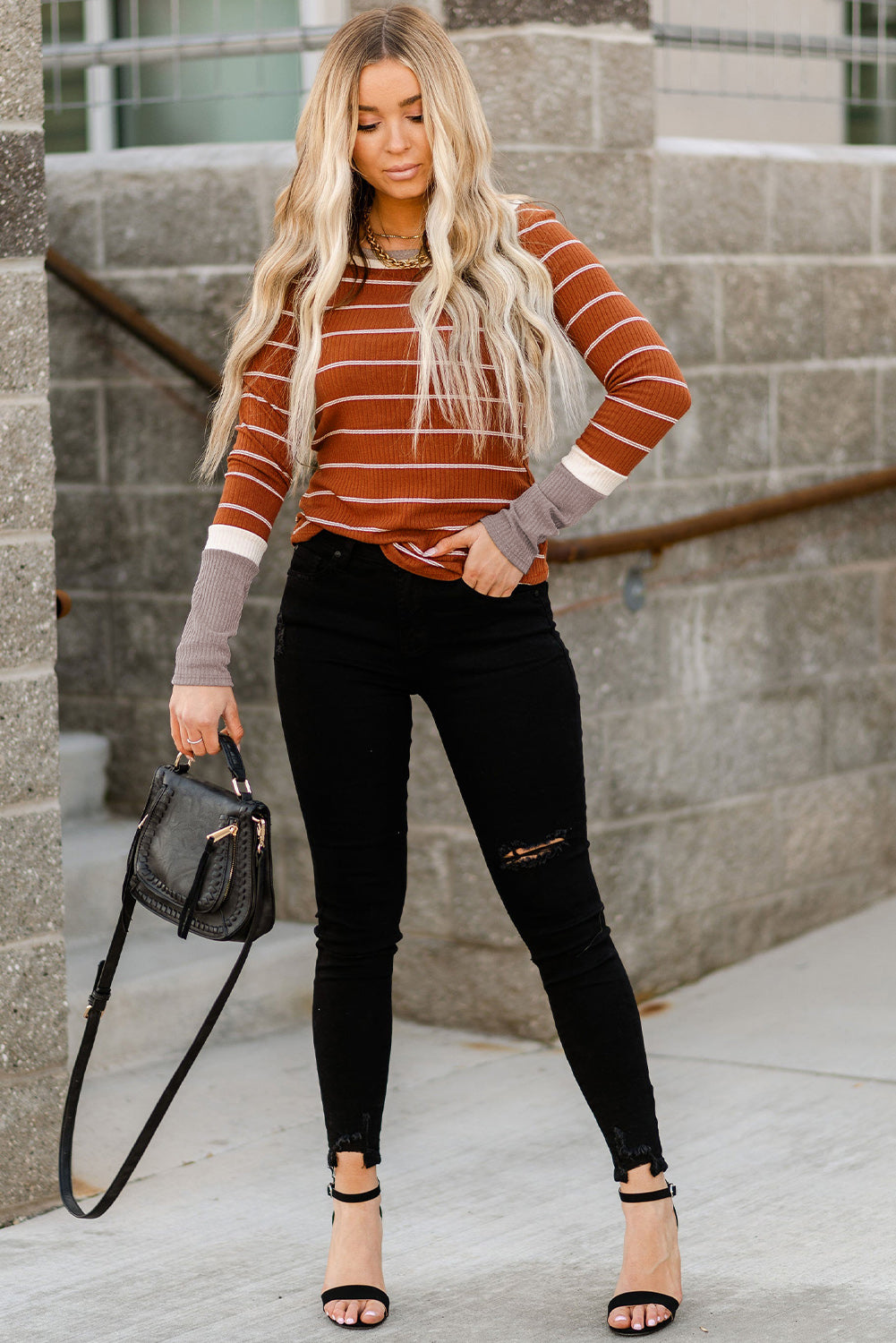 Brown Contrast Spliced Colorblock Cuffed Rib Knit Top-True and Wild