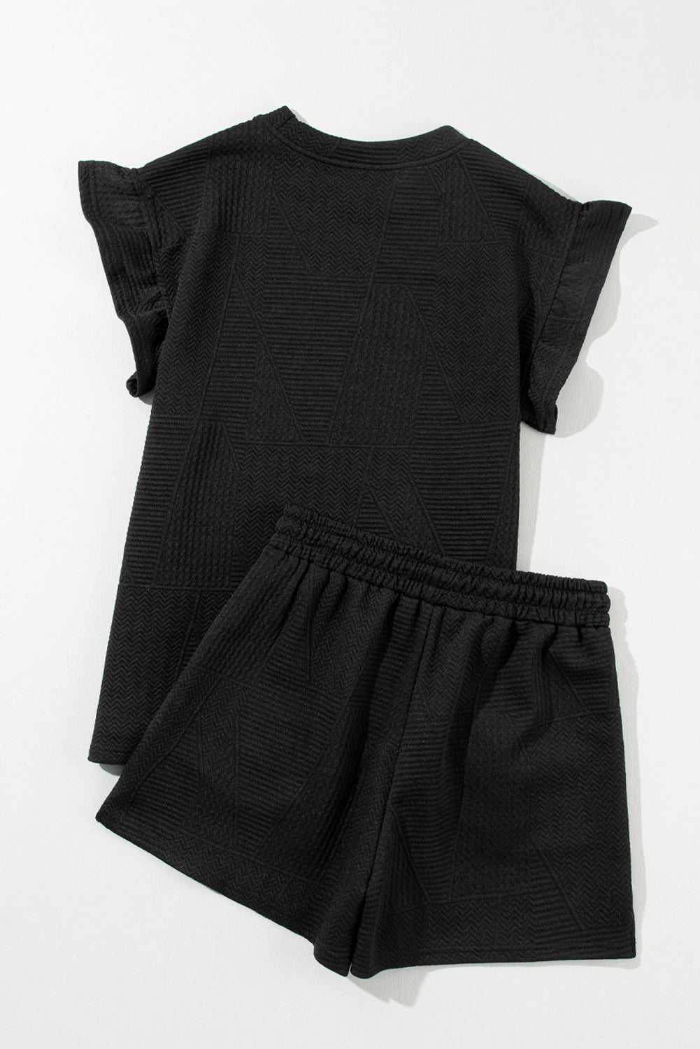 Black Textured Ruffle Split Top And Drawstring Shorts Set-True and Wild