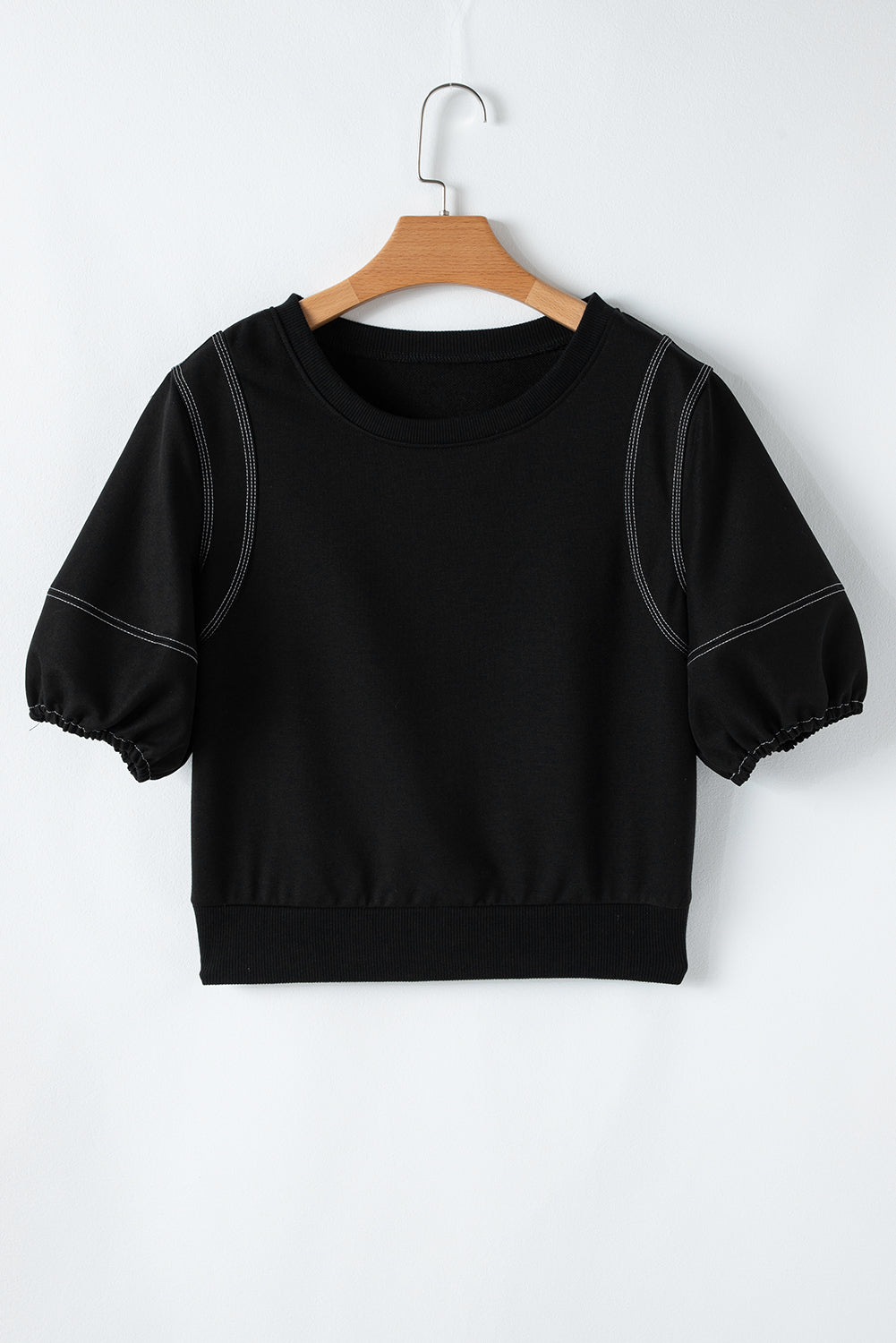 Black Half Puff Sleeve Round Neck Casual Blouse-True and Wild