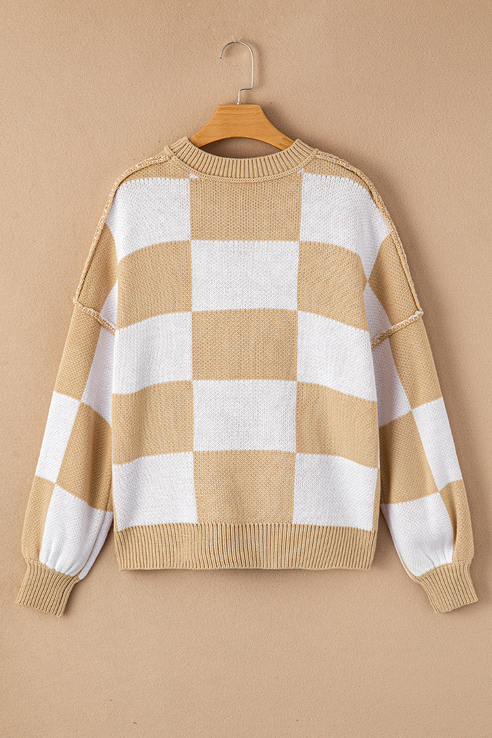 Orange & White Plaid Exposed Seam Bishop Sleeve Sweater-True and Wild