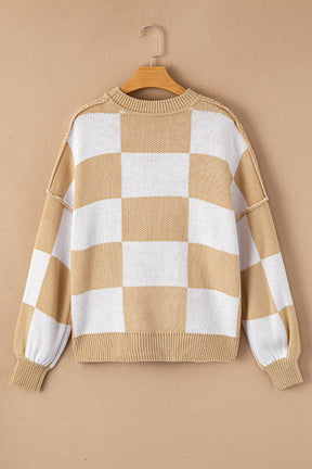 Orange & White Plaid Exposed Seam Bishop Sleeve Sweater-True and Wild