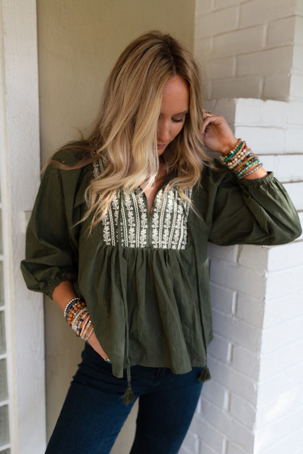 Green Embroidered Split Neck Pleated Loose Blouse-True and Wild