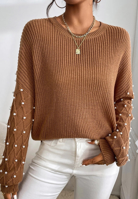 Pearl Detail Round Neck Long Sleeve Sweater-True and Wild