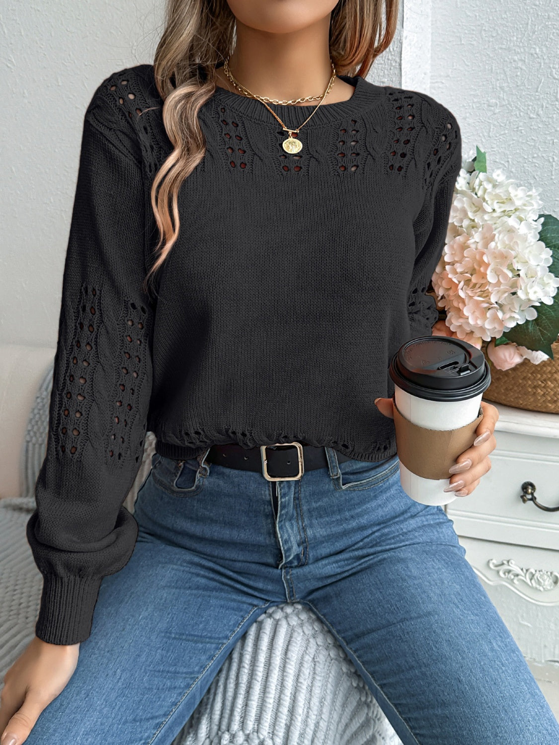 Openwork Round Neck Long Sleeve Sweater-True and Wild