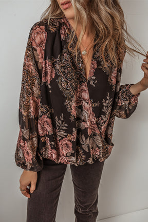 Printed Surplice Long Sleeve Blouse-True and Wild