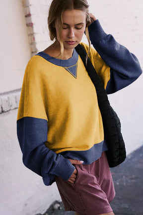 Color Block Round Neck Long Sleeve Sweatshirt-True and Wild