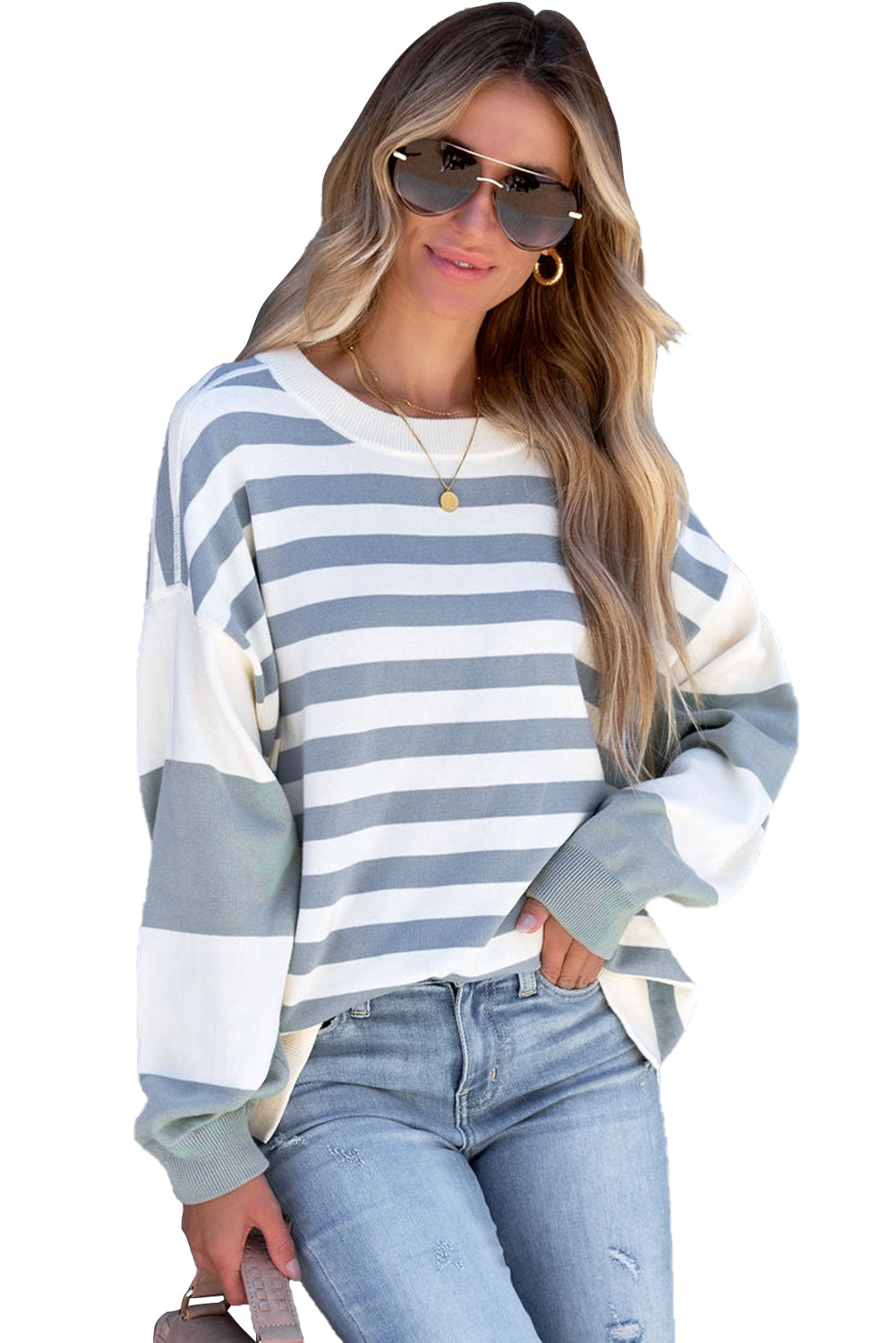 Blue Casual Striped Drop Shoulder Pullover Sweatshirt-True and Wild