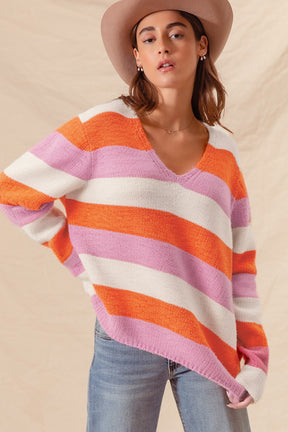 Orange Casual Stripe V Neck Side Slit Sweater-True and Wild