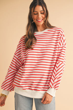 Blue Stripe Drop Shoulder Crew Neck Loose Sweatshirt-True and Wild