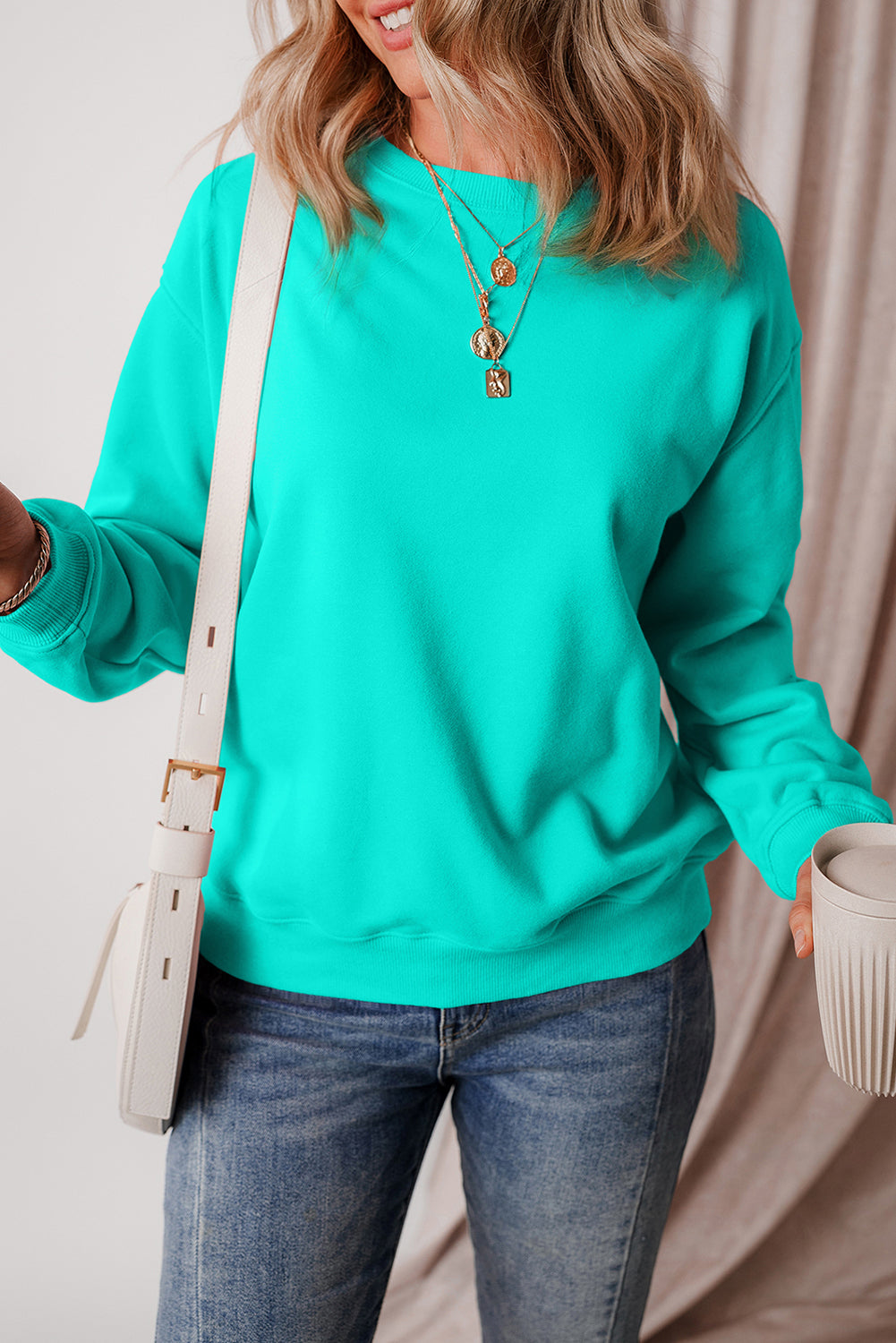 Aruba Blue Solid Color Drop Shoulder Terry Sweatshirt-True and Wild