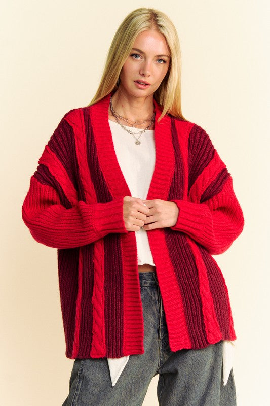 Davi & Dani Cable-Knit Color Block Open Front Cardigan-True and Wild