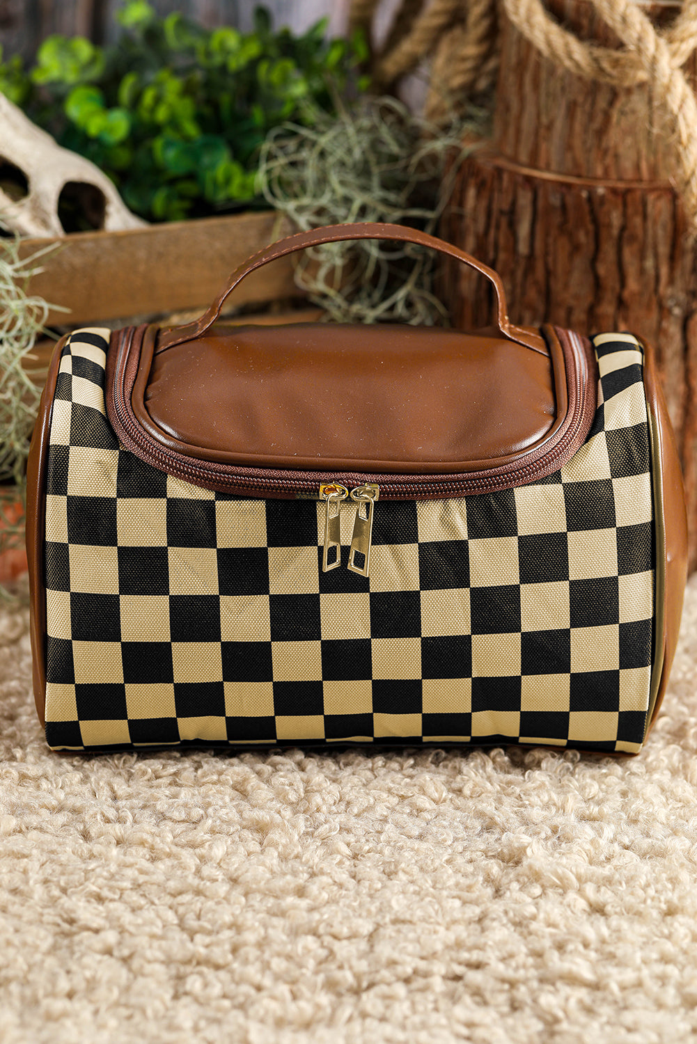 Black Checker Print Leather Zipper Makeup Bag-True and Wild