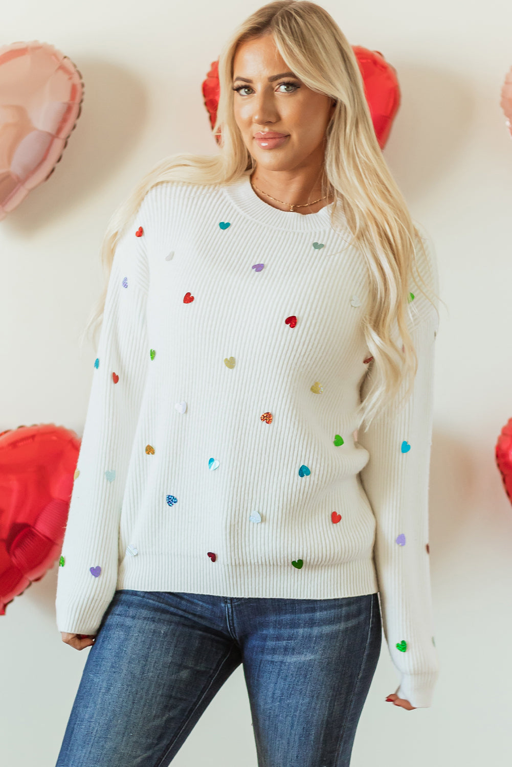 Heart Sequin Round Neck Long Sleeve Sweater-True and Wild