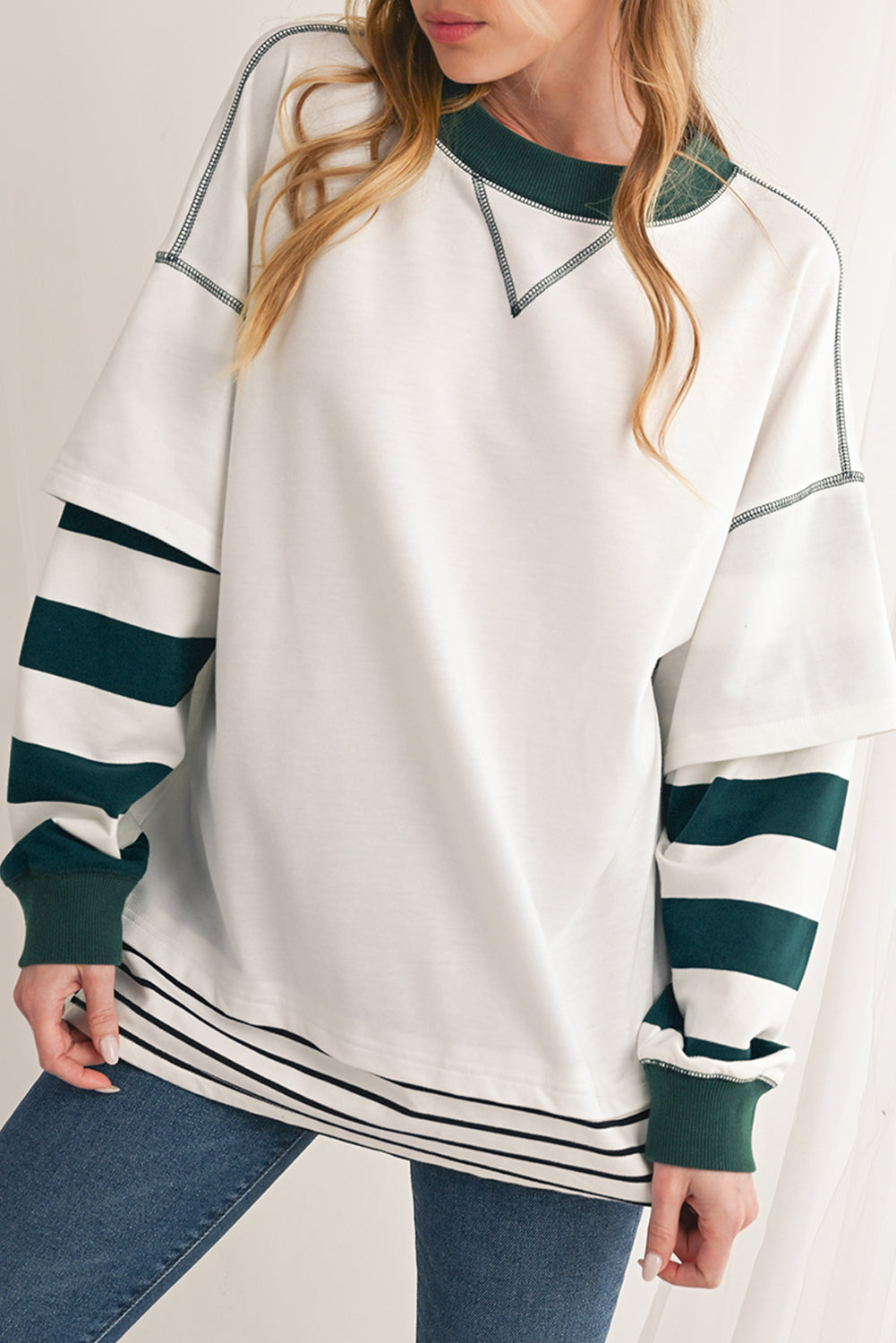 White Striped Layered Drop Sleeve Sweatshirt