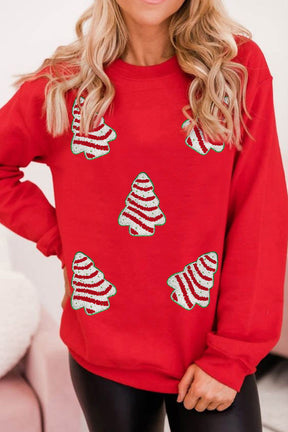 Red Playful Christmas Tree Patched Dropped Shoulder Sweatshirt-True and Wild