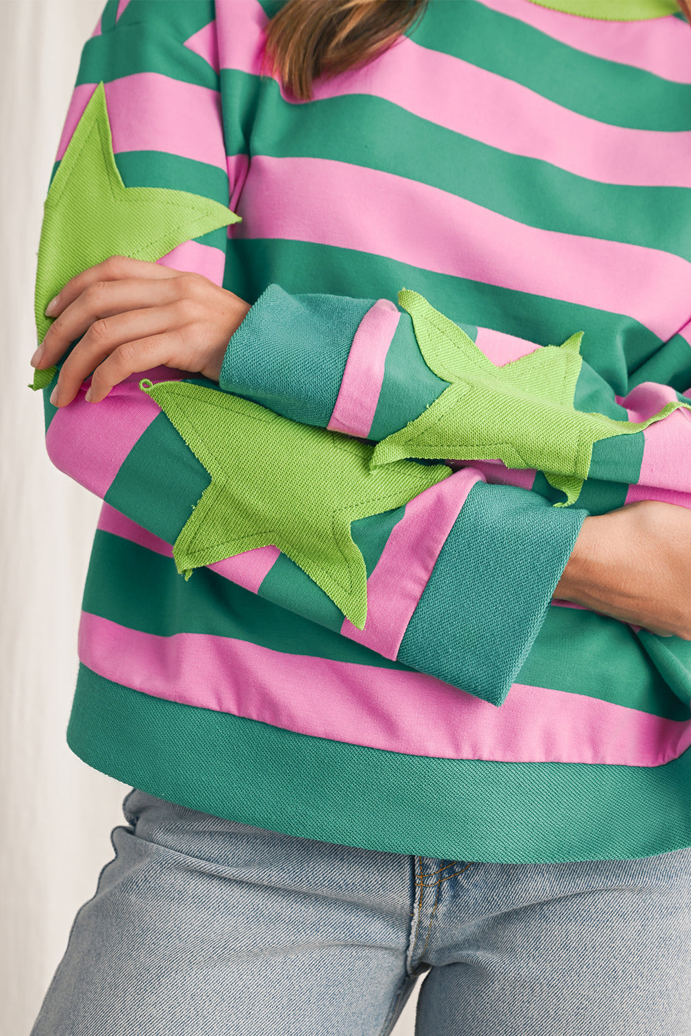 Pink Stripe Star Patchwork Round Neck Pullover Sweatshirt-True and Wild