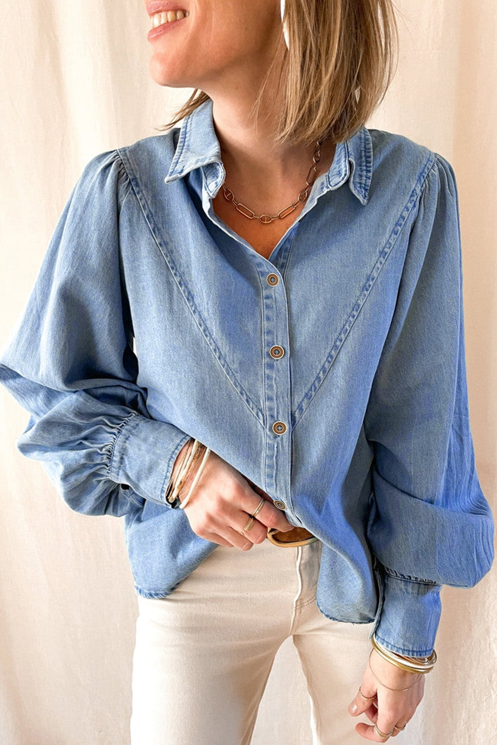 Collared Neck Lantern Sleeve Denim Top-True and Wild