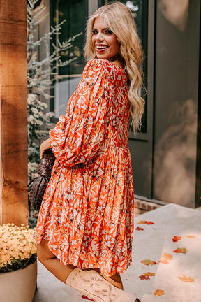 Orange Floral Print Split V Neck Bubble Sleeve Plus Size Midi Dress-True and Wild