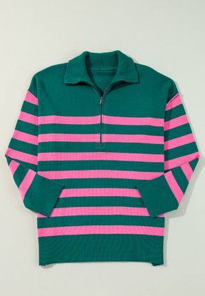 Contrast Striped Quarter Zip Long Sleeve Sweater-True and Wild