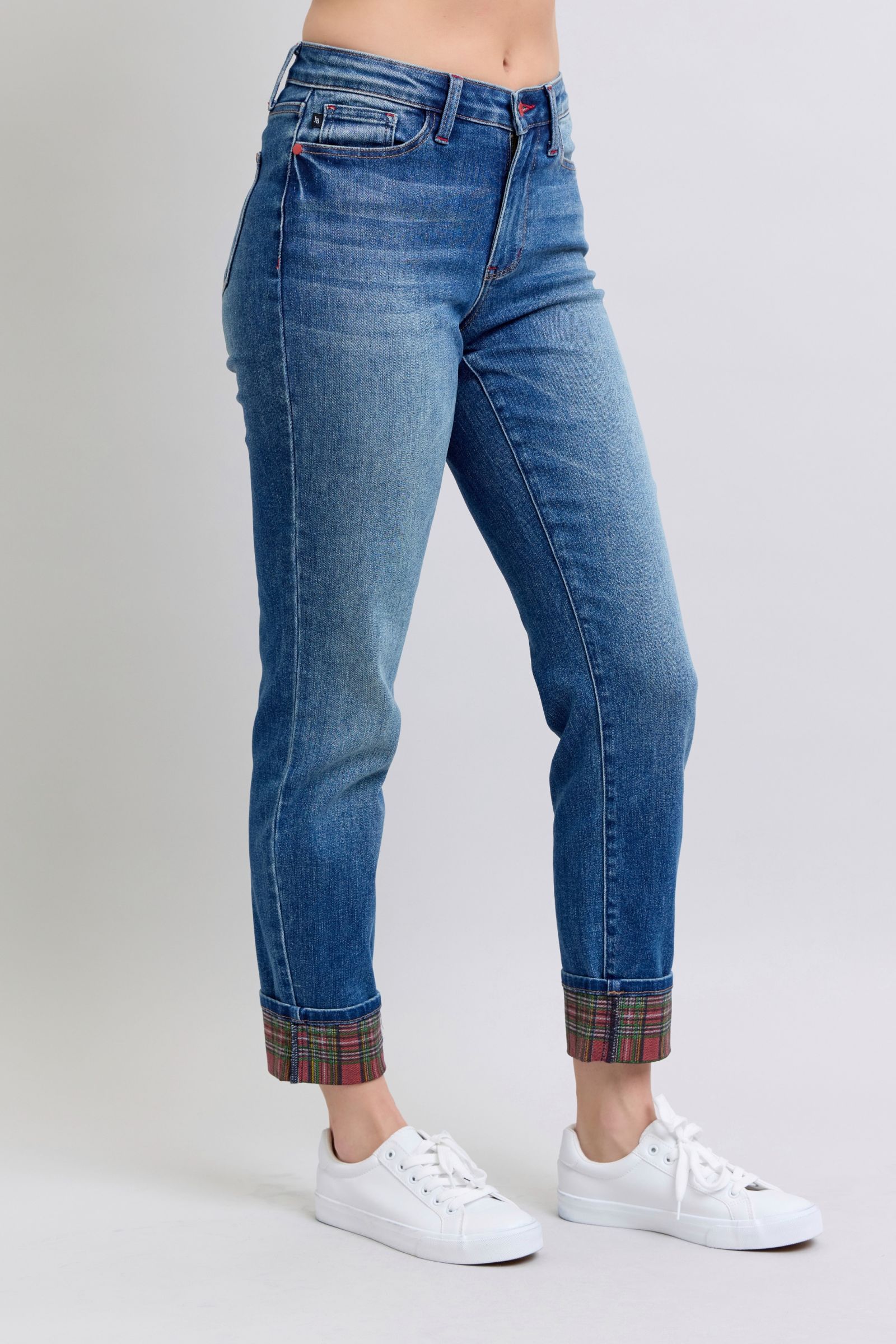 Judy Blue Full Size Plaid Print Cuff Straight Leg Jeans with Pockets-True and Wild