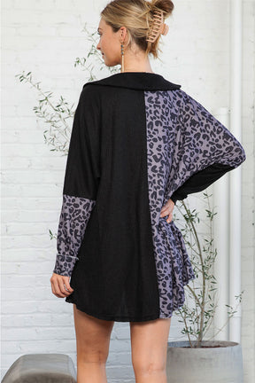 Black Waffle Knit and Leopard Print Color Block Oversized Henley Shirt-True and Wild