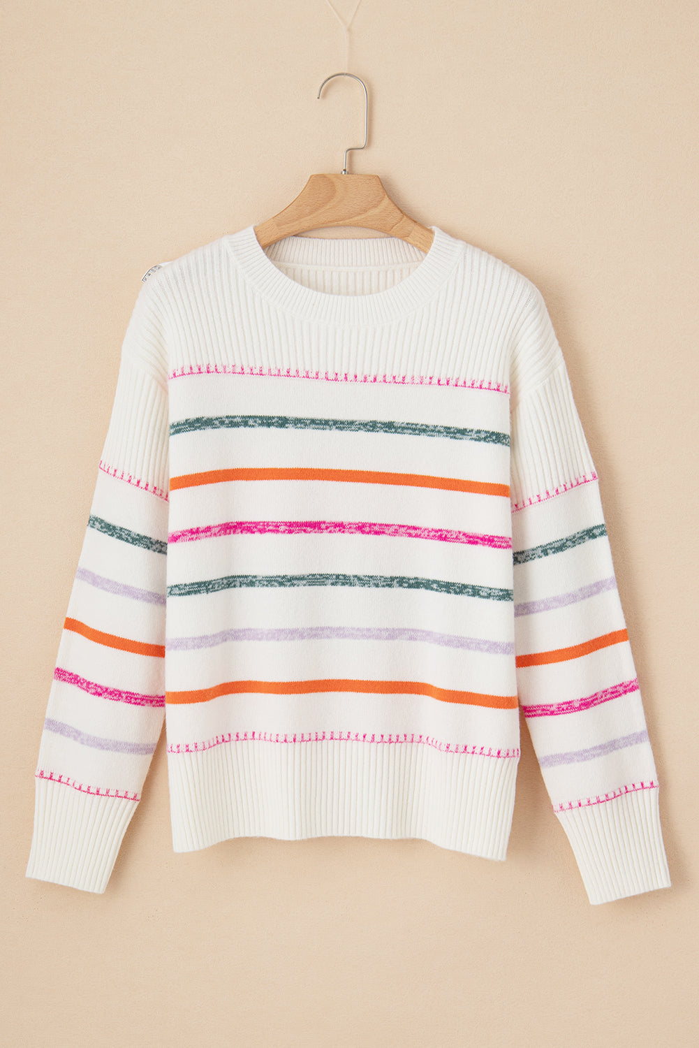 Black Colorful Striped Ribbed Trim Round Neck Sweater-True and Wild