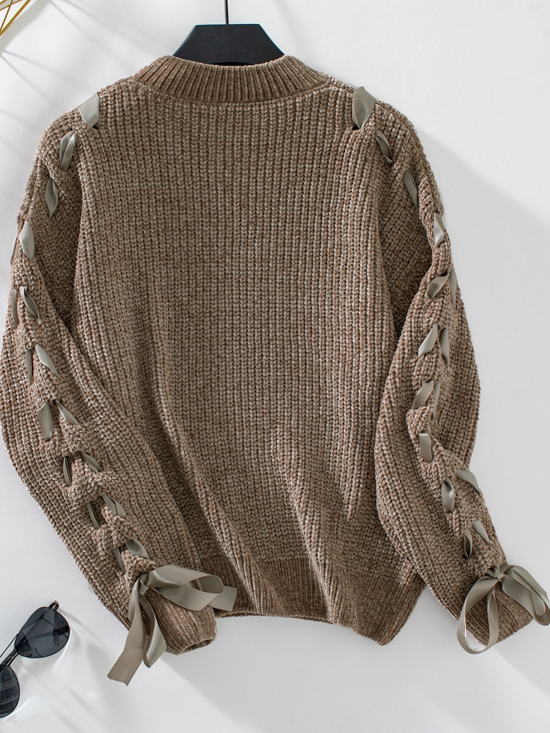 Lace Up Round Neck Long Sleeve Sweater-True and Wild