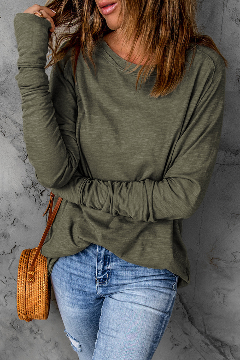 Green Plain Solid Casual Thumbhole Long Sleeve Top-True and Wild