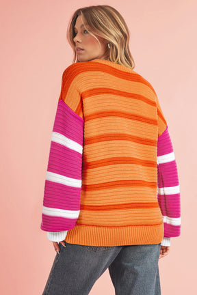 Orange Striped Colorblock Puff Sleeve Sweater-True and Wild