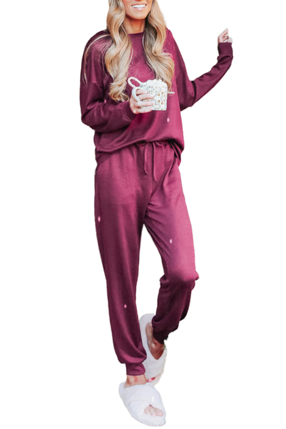 Red Casual Long Sleeve Pullover & Joggers Pajamas Set-True and Wild