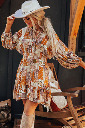 Orange Boho Floral Puff Sleeve Smocked Waist Mini Shirt Dress-True and Wild