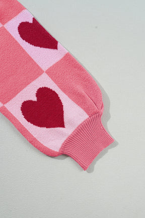 Plus Size Sweaters&Cardigans - Pink Plus Size Heart Colorblock Mock Neck Lantern Sleeve Sweater