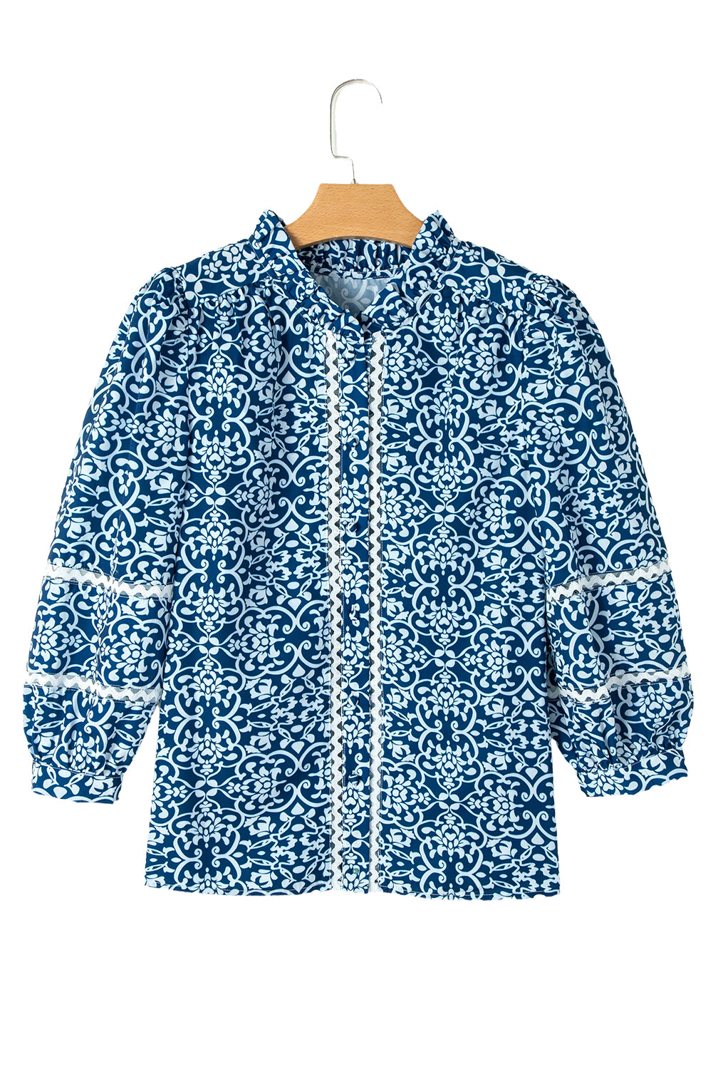 Blue Floral Ric Rac Button Loose Fit Shirt-True and Wild