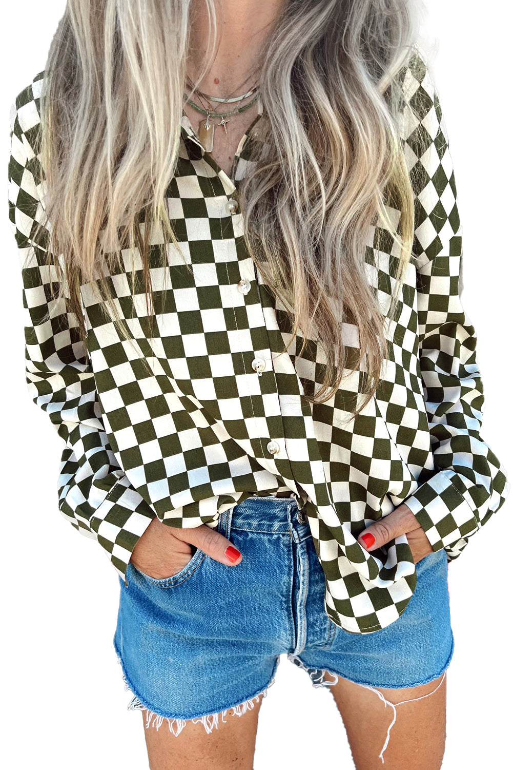 Green Checkerboard Print Drop Shoulder Loose Blouse-True and Wild