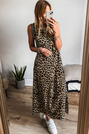 Black Contrast Striped Trim Leopard Sleeveless Midi Dress